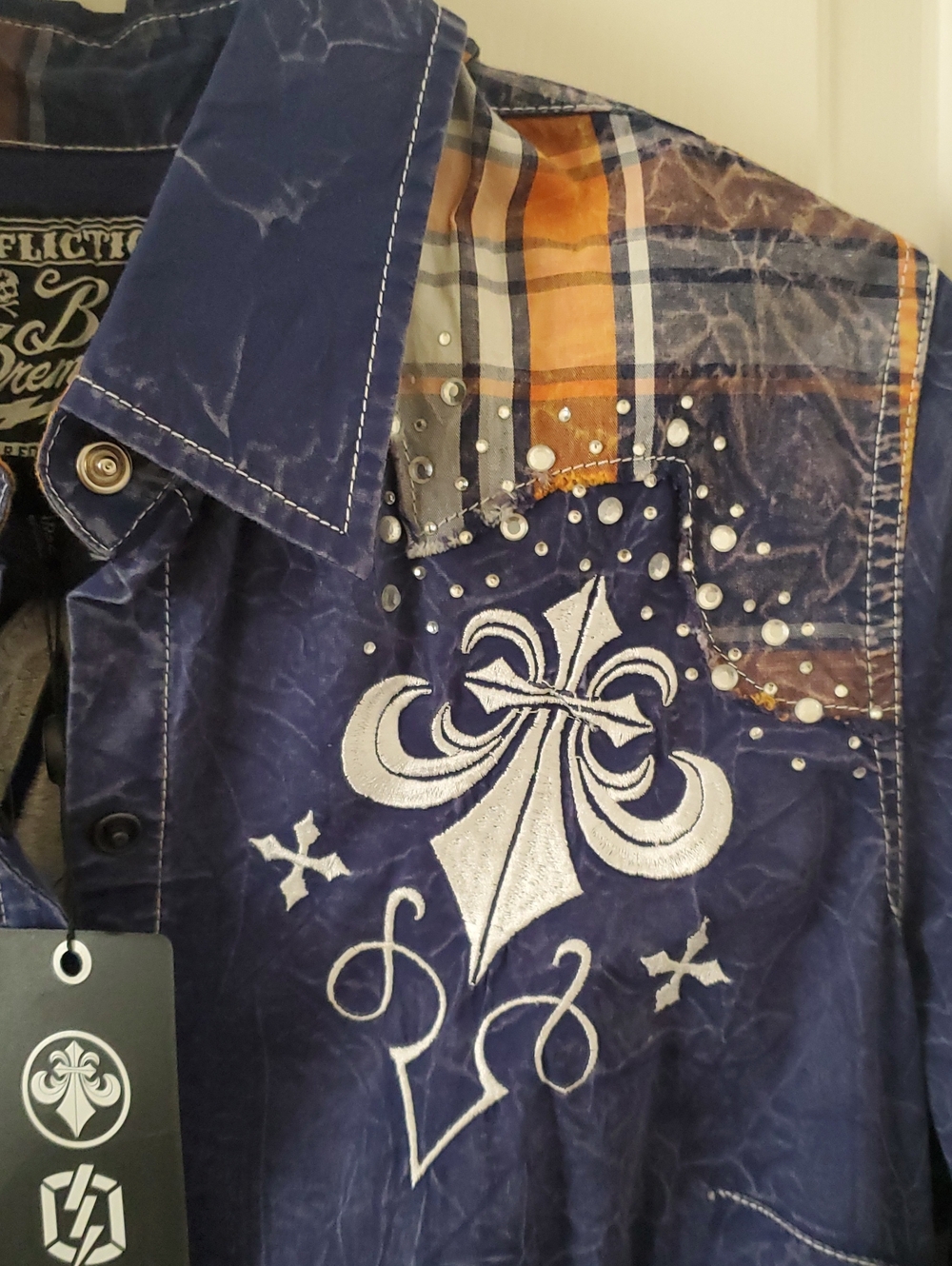 Affliction Snap Button-Front Top with Orange Plaid Accents - Picture 4 of 13